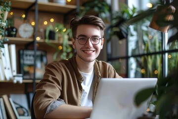 A man is sitting at a desk with a laptop and a mug of coffee, generative ai image
