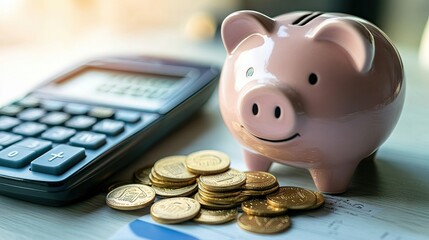 Piggy bank with gold coins next to a calculator, with space on the desk for text.