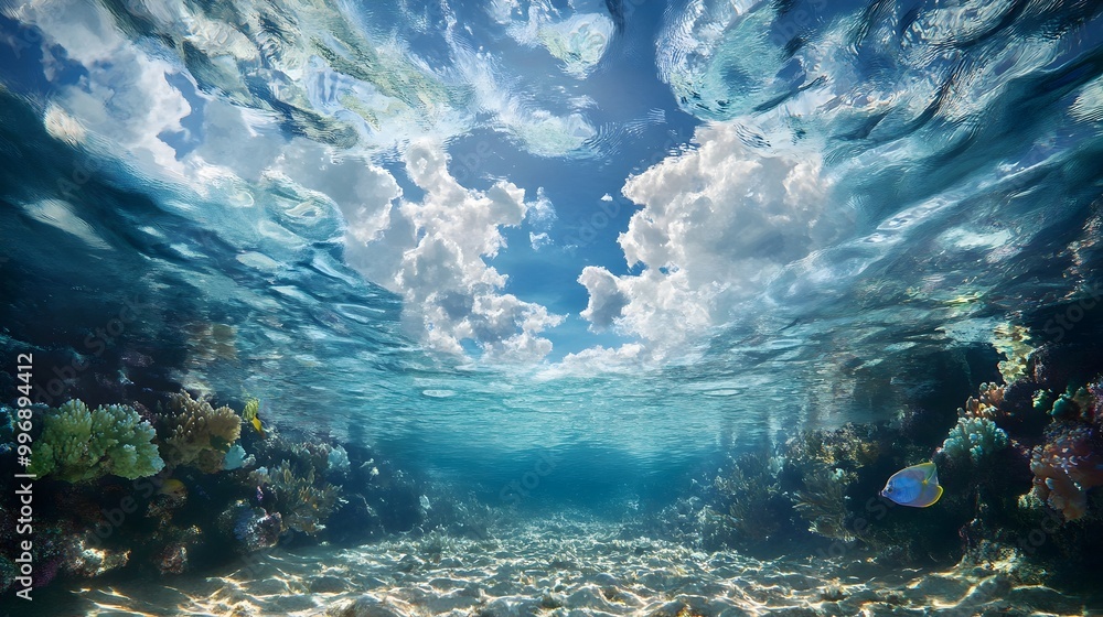 Poster serene and tranquil underwater nature landscape with a shimmering mirrored surface of the calm ocean