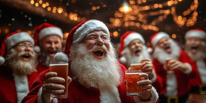 A joyful group of Santa Claus look-alikes celebrating at a Christmas party, holding drinks and laughing together. 