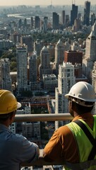 Construction worker overseeing a cityscape from a high-rise.