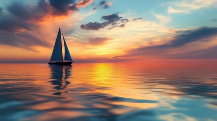 Sailboat gliding through calm waters at sunset, with a vast sky and sea providing room for text.