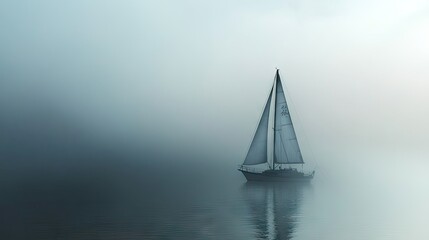 Naklejka premium Sailboat on a misty morning, with fog creating a serene atmosphere and space for text.