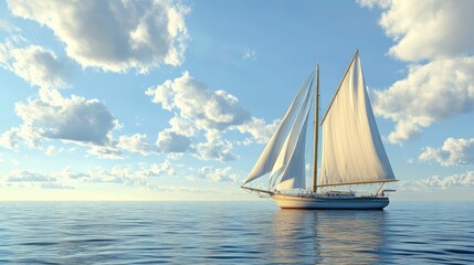 Fototapeta premium Sailboat with billowing sails on a sunny day, leaving a clear horizon for copy space.