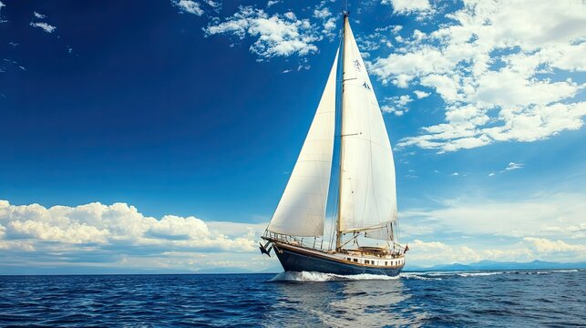 Sailboat with billowing sails on a sunny day, leaving a clear horizon for copy space.