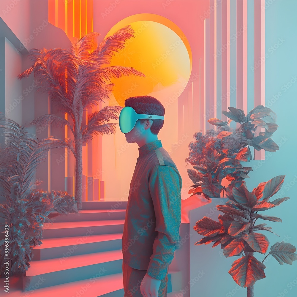Poster stunning abstract digital featuring a dynamic composition of futuristic geometric shapes and vibrant