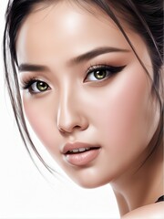 A close-up portrait of a woman with striking features and makeup.