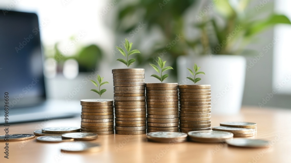 Poster stacked coins growing in height on a table, with open space above for copy.