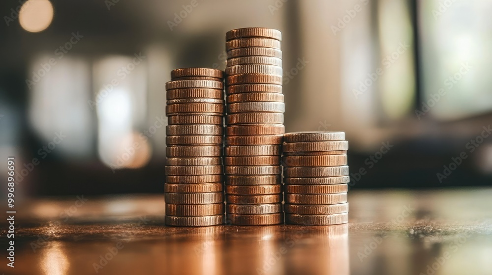 Poster stacked coins growing in height on a table, with open space above for copy.