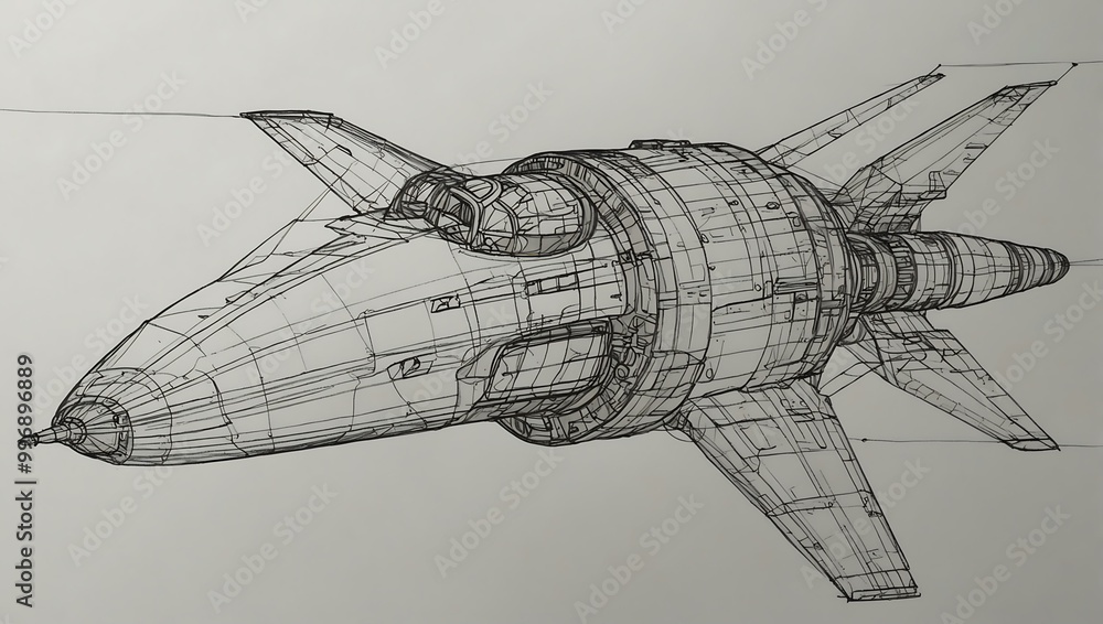 Poster continuous line drawing of a spacecraft