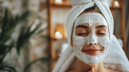 Woman enjoying a facial treatment at a spa with relaxing ambiance and warm lighting in the evening