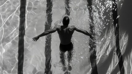 Swimmer turning at the pool wall, with lane lines and ripples visible from above.