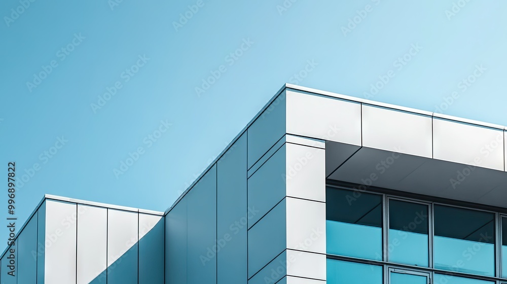 Poster tapered architectural elements on a building facade with a clean sky for copy.