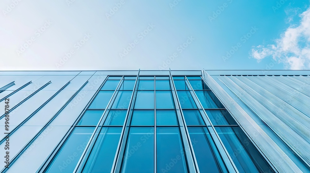 Poster tapered architectural elements on a building facade with a clean sky for copy.