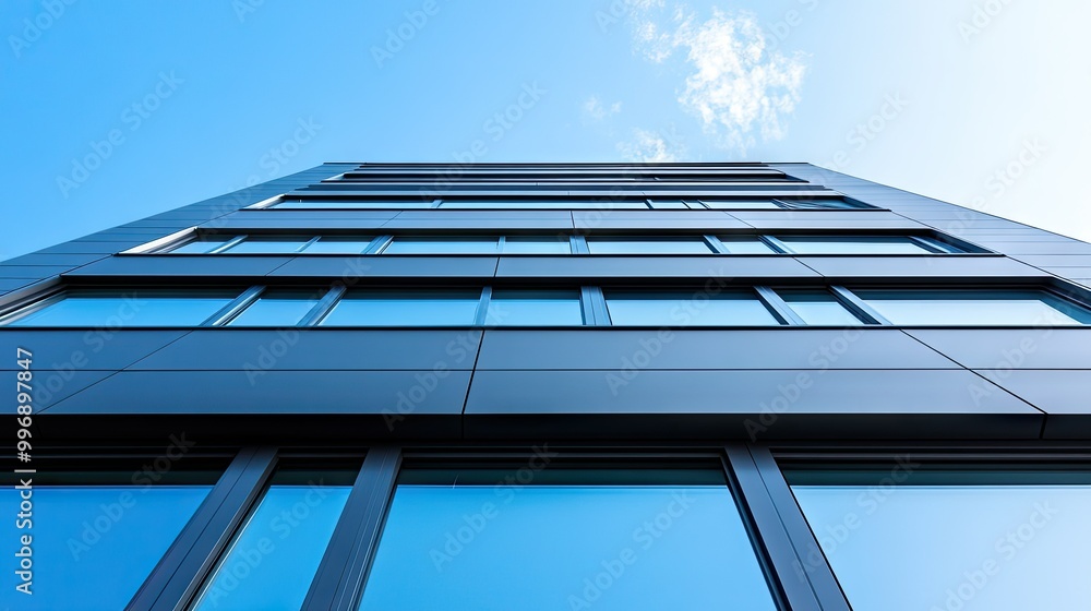 Poster tapered architectural elements on a building facade with a clean sky for copy.