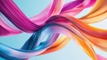 Fototapeta premium Swirling abstract ribbons in vibrant pink, blue, and orange glide fluidly on a light blue background. No people.