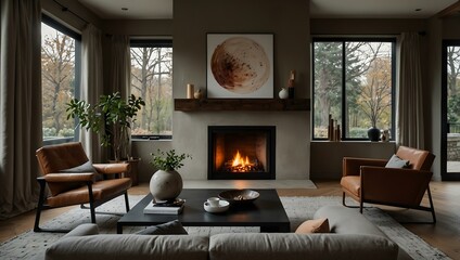 Obraz premium Cozy living room with a fireplace and wall art.