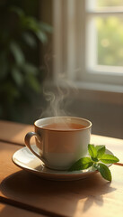 Steaming coffee cup with mint leaves in soft natural light by window