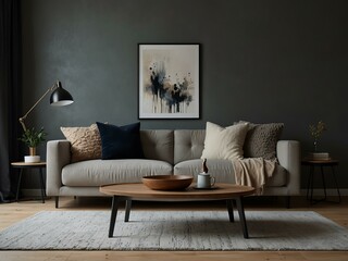 Cozy modern living room with a sofa and decor accessories.
