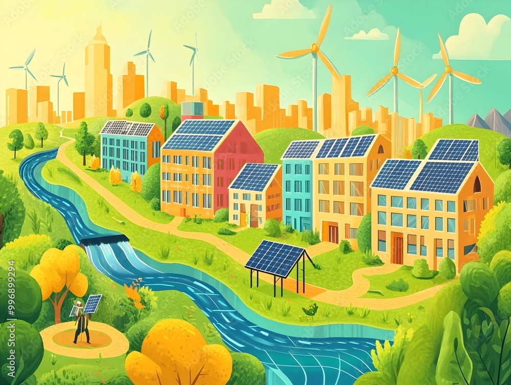 Poster stylized vibrant and optimistic vision of a solarpunk utopian future where community centered renewa