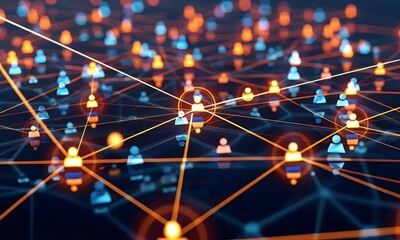 4K animation showcasing a global network of interconnected people, with glowing icons on a dark background, representing social connections and digital networking on a global scale. - Powered by Adobe