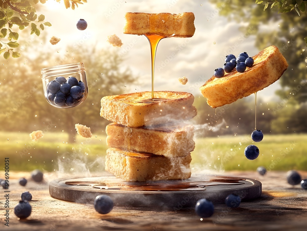 Poster surreal and captivating breakfast still life featuring a gigantic hovering piece of french toast flo