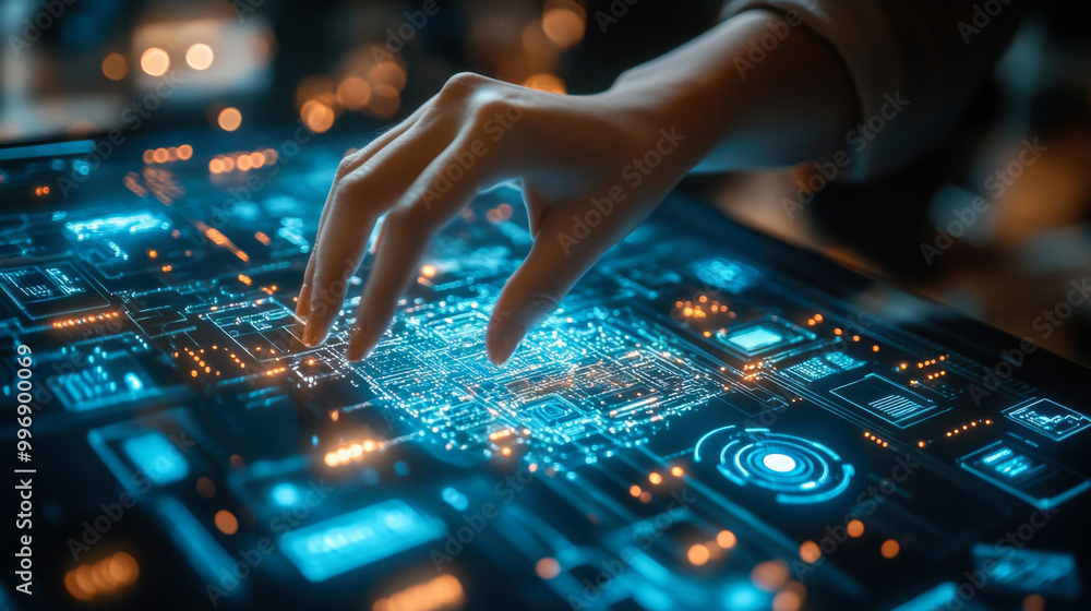 Poster futuristic hands interacting with a glowing digital interface in a dimly lit environment showcasing 