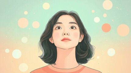 illustration of an Asian woman looking up with a hopeful and inspired expression 