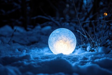 Luminous Blue Sphere Resting on a Snowy Surface