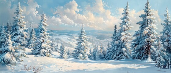 Obraz premium Snowy Winter Wonder with Pine Trees in Mountains