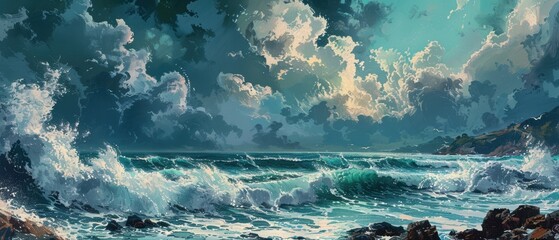 Obraz premium Dramatic Waves Crashing on Rocky Shoreline