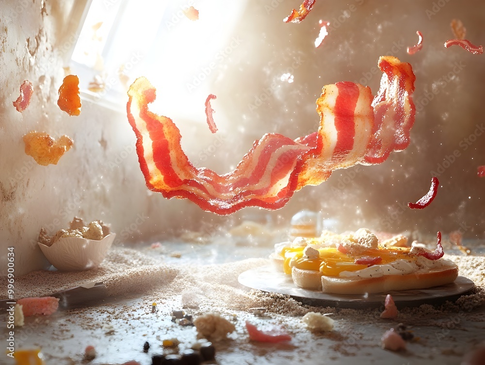 Poster surreal and dreamlike breakfast scene featuring bacon levitating and curling through the space with 