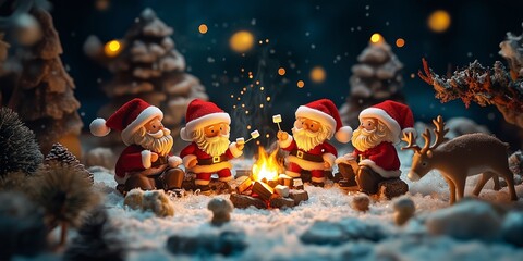  A festive Christmas scene featuring five adorable Santa Claus characters seated around a campfire in a snow-covered forest.