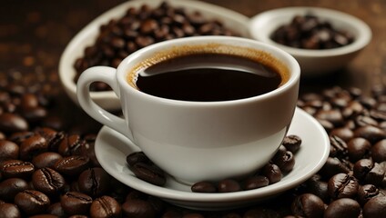 Cup of black coffee with coffee beans.