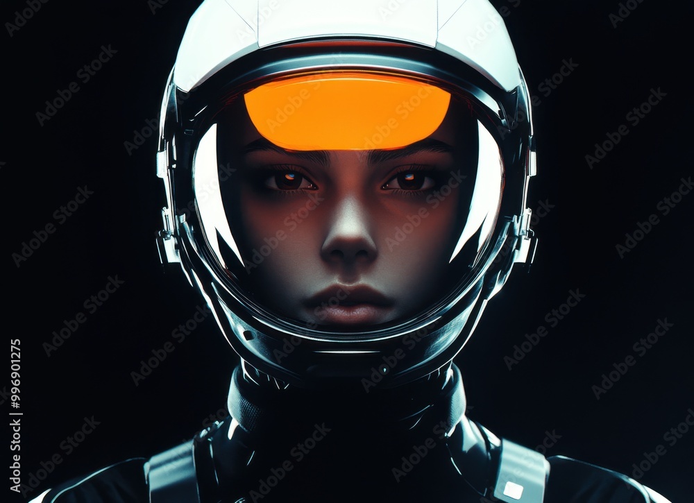 Poster front view of beautiful woman in spacesuit and helmet with orange light reflection on top of glass v
