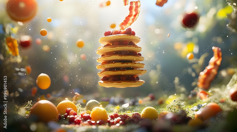 Poster surreal and ethereal breakfast scene with levitating pancake tower suspended bacon and luminous berr