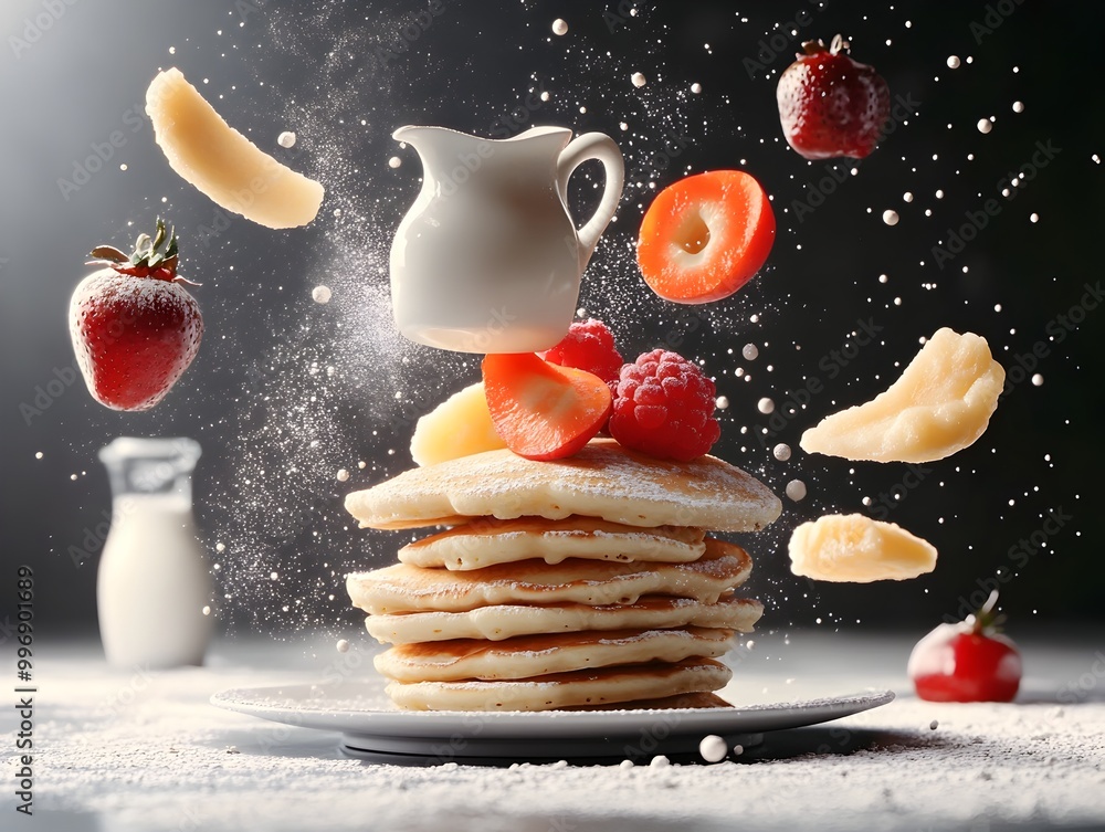 Poster surreal and gravity defying breakfast composition featuring a stack of fluffy pancakes soaring fruit