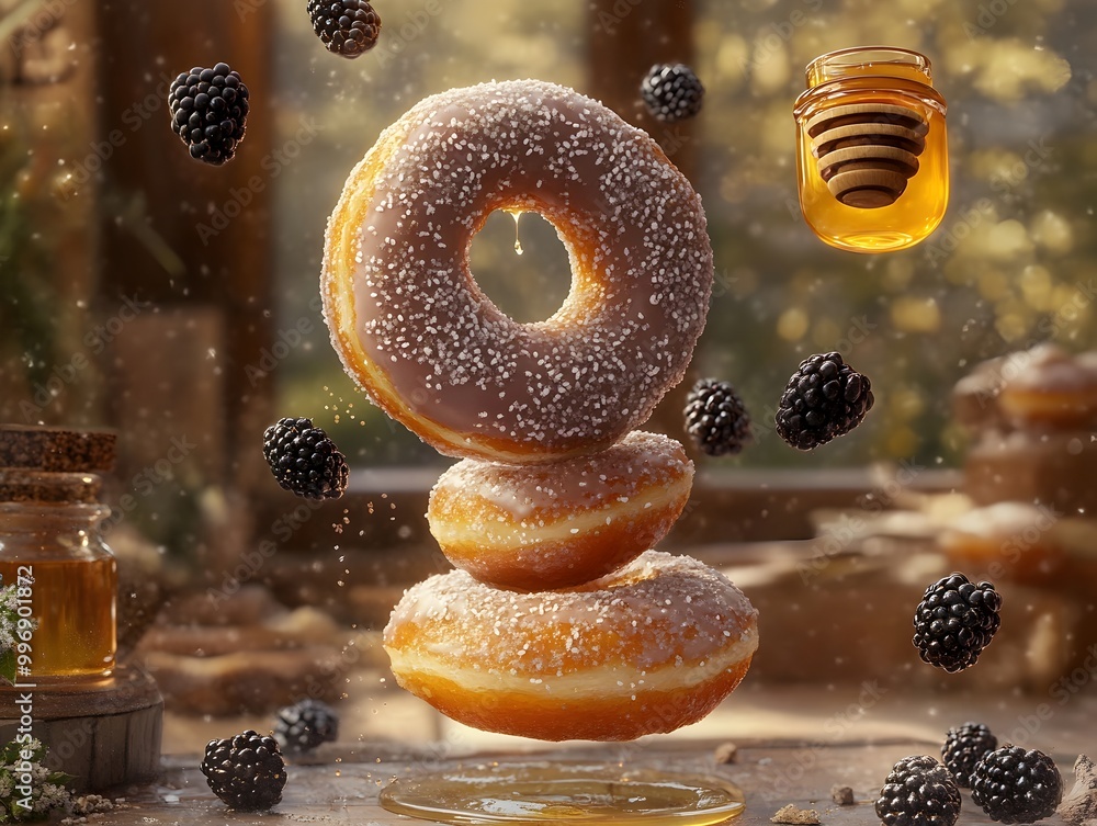 Poster surreal and imaginative breakfast scene featuring towering levitating doughnuts ethereal blackberrie