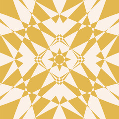 Vector abstract yellow and white geometric seamless pattern. Stylish geometrical texture. Simple background with edgy shapes, kaleidoscope, stars, triangles. Repeated design for decor, textile, print