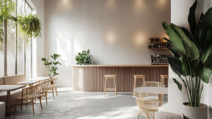 Modern cafe interior with a light design and minimal decor featuring wooden furniture and indoor plants in a sunlit space