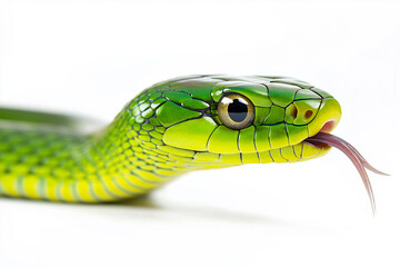 Vibrant green snake closeup, detailed scales, tongue out, symbolizing 2025 Chinese New Year, reptile concept