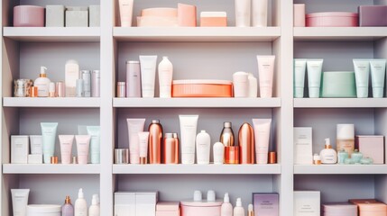 Shelves filled with neatly arranged beauty products in various pastel and metallic hues, creating an aesthetically pleasing and organized display.
