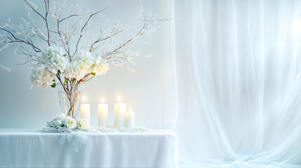 Elegant White Floral Arrangement with Candles on a Draped Table