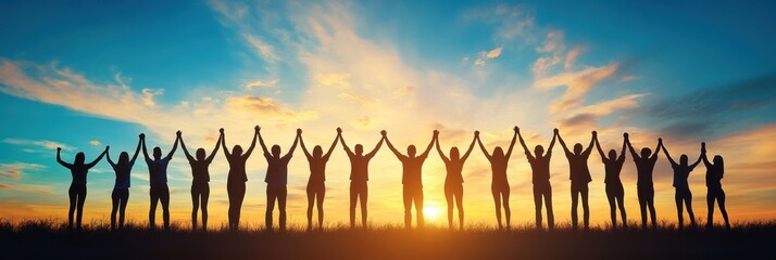 Silhouettes of people holding hands in the air with their arms raised against a blue sky at sunset, conveying a concept of unity and community life Generative AI