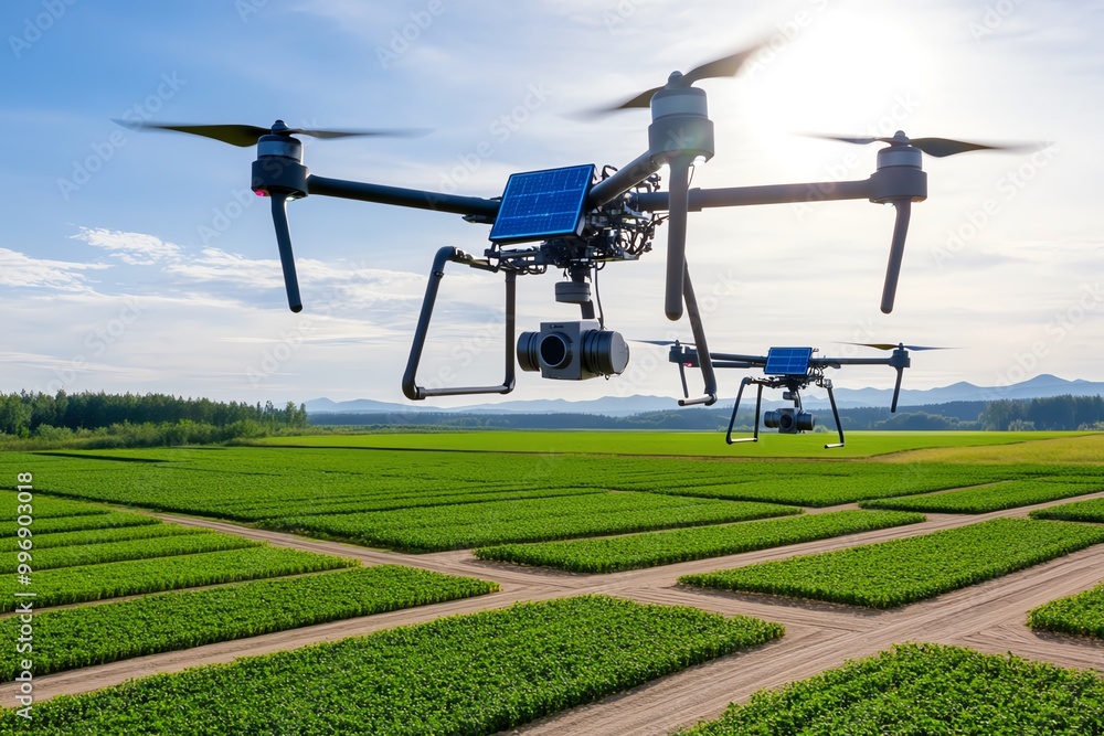 Poster a futuristic farm using drones and ai for precision agriculture, powered entirely by renewable energ