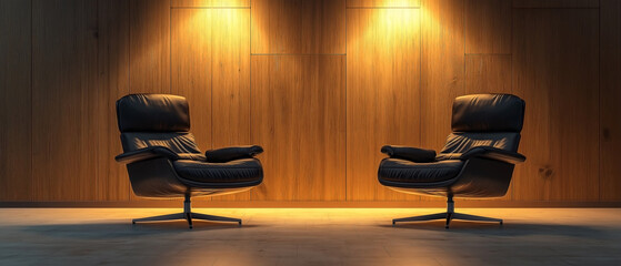 two black lazy chairs positioned under spotlights in a podcast or interview room