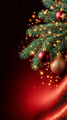 Obraz premium Festive Christmas Tree Branch with Sparkling Lights and Red Ornaments on a Dark Red Background. Christmas and New Year festive card