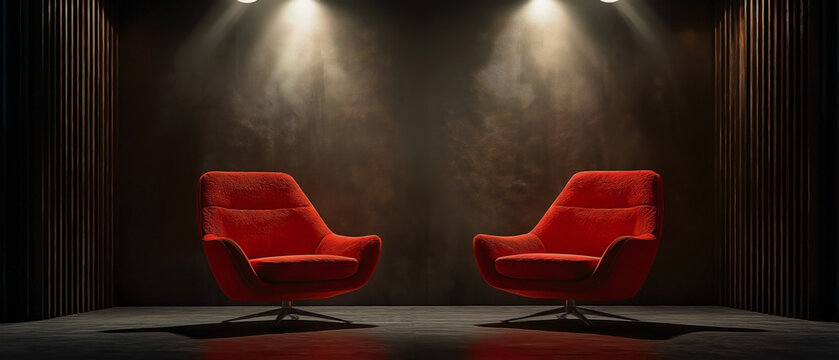 two red lazy chairs positioned under spotlights in a podcast or interview room. 