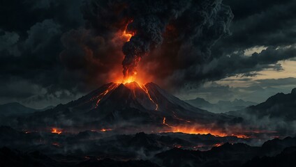 Dark fantasy mountain scene with a volcanic eruption.