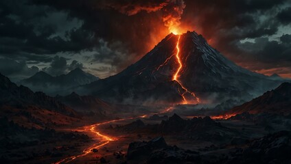 Dark fantasy mountain scene with a volcanic eruption.